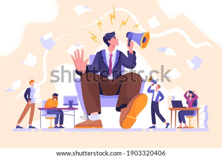 Arrogance or selfish management concept. Bossy manager doesnt listen to subordinates opinion. People shout out for haughty boss sitting in chair with megaphone. Flat cartoon vector illustration Foto d'archivio © 