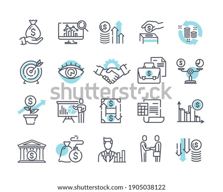 Financial management outline icons, trade service and investment strategy. Collection of thin line pictograms and infographics. Set of black and white vector illustrations isolated on white background