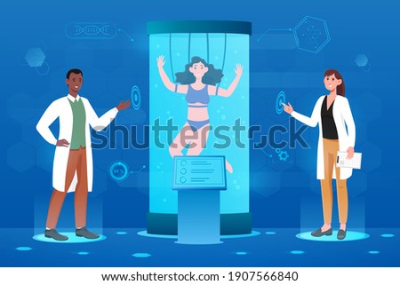 Male and female scientists standing near capsule with frozen human body. Concept of cryonics technology, cryoconservation scientific investigation and medical cloning. Flat cartoon vector illustration