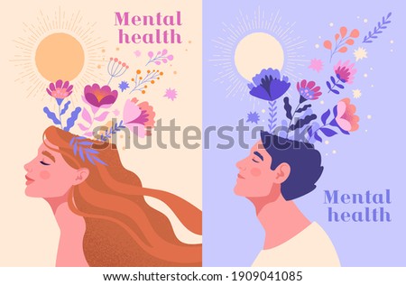 Mental health, happiness, harmony creative abstract concept. Happy male and female heads with flowers inside. Mindfulness, positive thinking, self care idea. Set of flat cartoon vector illustrations