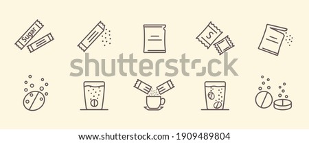 Packing line icons. Vector illustration included icon as sachet, sugar powder packet, soluble pill, effervescent pills. Set of outline vector icons