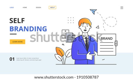 Self branding concept with a young successful man holding a diploma in his hands with his achievements. Outline flat vector illustration. Website web page landing page template