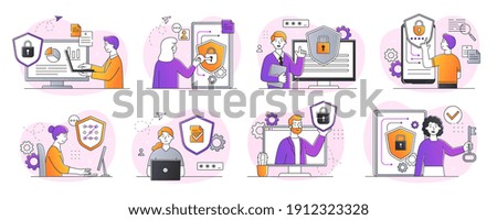 Collection of digital data protection abstract designs. Including cyber security, data center, rights of access concepts. Set of flat cartoon vector illustrations isolated on white background