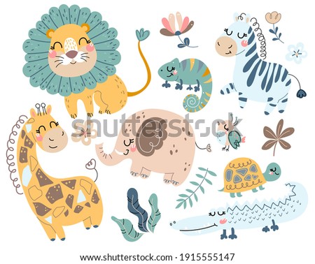 Cute wild safari African animals. Including lion, giraffe, elephant, lizard, turtle, iguana, zebra, crocodile, kiwi bird. Set of doodle characters in scandinavian style isolated on white background
