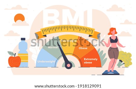 Body mass index control abstract concept. Woman and obese chart scales. Pretty young woman on diet trying to control body weight with BMI. Flat cartoon vector illustration