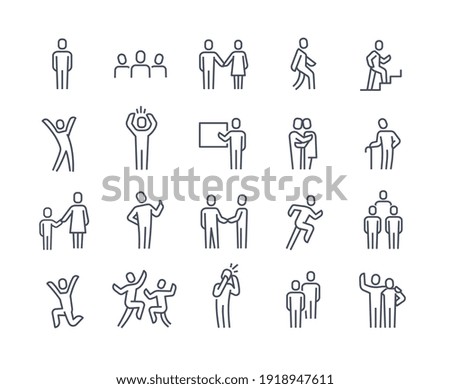 Human silhouettes icon set. Person walking, running, jumping. People shaking hands, climbing stairs, elderly, company leader, friends hugs, mother and child. Flat outline human signs isolated on white