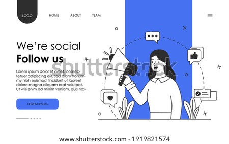 Female character with megaphone is asking to follow her on social media. Subscribe for news and get connected to website. Website, web page, landing page template. Flat cartoon vector illustration