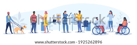 Large set of disabled people in the workplace with a blind man and dog, girl with prosthetics and wheel chair users, flat cartoon colored vector illustration