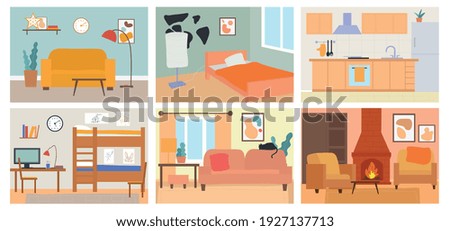 Set of six different home room interiors with furniture showing living rooms, den, lounge, bedroom, office and kitchen, colored vector illustration