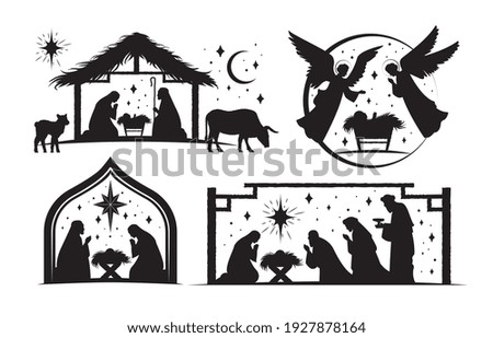 Set of four silhouetted nativity scenes for Christmas showing Joseph and Mary, Wise men and angels at the crib of the Christ child, black and white vector illustration