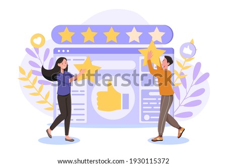 People give review rating and feedback. Flat abstract cartoon vector illustration concept. Customer choice. Know your client. Rank rating stars feedback. Business satisfaction support.