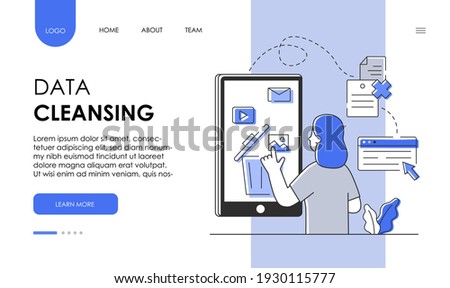Data cleansing concept detect, corrent, remove, clean, delete currupt and inaccurate database and coarse data. Flat cartoon vector illustration. website, web page, landing page, ui template design.