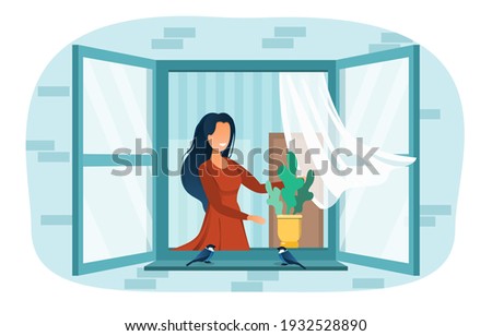 Smiling female neighbor girl dreaming at open window. Cheerful woman opened window. Little birds are sitting on the window near plant. Happy girl is enjoing fresh air. Flat cartoon vector illustration