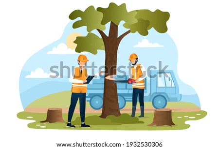 Male character in workwear cutting tree with a chainsaw. Man in uniform with clipboard is checking on deforestation in the woods on a hot summer day. Flat cartoon vector illustration