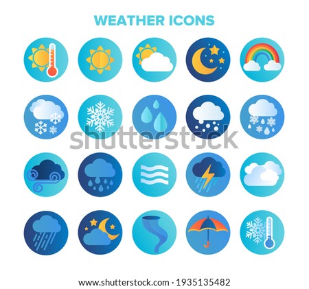 Large set of circular blue weather or meteorological icons or stickers with seasons, sun, rain, clouds, cyclone, winter freeze, lightning and wind isolated on white , flat colored vector illustration