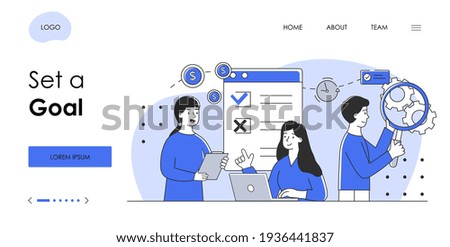 Business team fill out daily checklist in mobile concept. To do list, work planning, mission completed. Flat metaphor outline cartoon vector illustration concept Simple art design isolated banner, pen