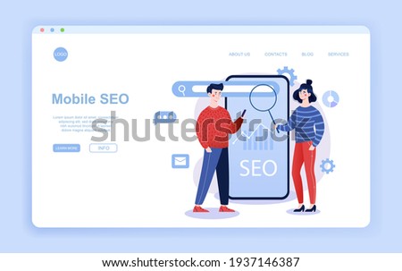 Male and female characters are working on mobile SEO. Man and woman are working on search engine optimization as a team. Website, web page, landing page template. Flat cartoon vector illustration