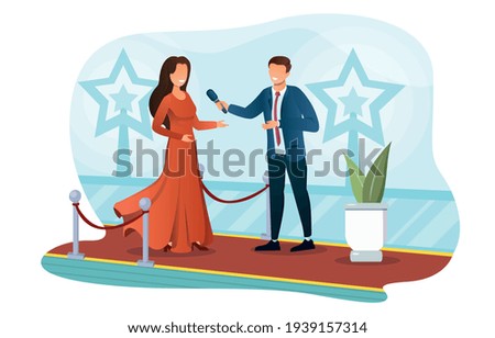Rich and beautiful superstar celebrity woman walking on a red carpet is interviewed by reporter. Flat cartoon vector illustration concept