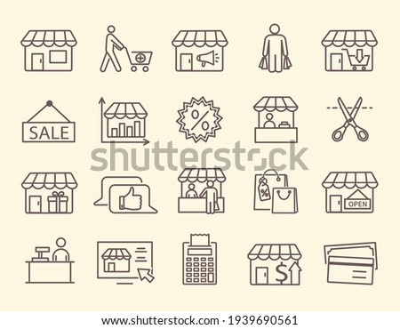 Large set of line icons for a market with assorted store fronts and stalls, sale notices, purchase and delivery symbols, vector illustration