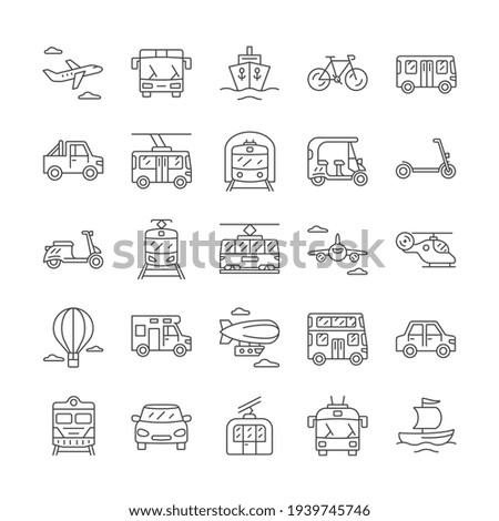 Large set of black and white vector line drawn public transport icons with aircraft, buses, trucks, bicycles, scooter, tram, train, hot air balloons. Collection of outlined vector illustrations