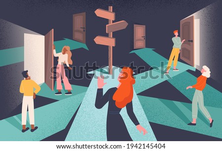 Psychological concept of choices and Finding or Choosing the right life path with group of diverse people following intersecting paths to doors with central signpost on arrow, flat vector illustration