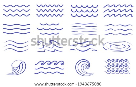 Large set of water icons showing waves and surf with patterns of undulating lines, whirlpool, and curling breaking waves, colored vector illustration Stock foto © 