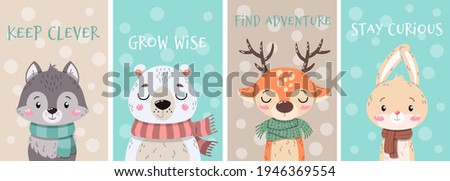 Set of four cute little cartoon arctic animals wearing scarves with inspirational text messages above in a poster or card design, colored cartoon vector illustration
