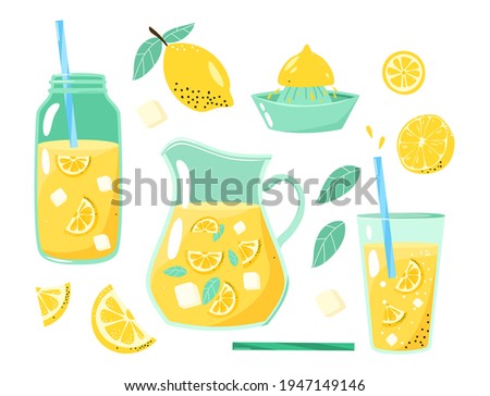 Lemons, lemon wedges, lemon slices, pitcher, bottle and glass of mouth-watering lemonade. Set of flat vector illustrations isolated on white background.