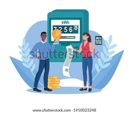 Male and female characters are paying utilities together. Concept of invoice and electricity meter. Man and woman worried and stressed over bills. Flat cartoon vector illustration