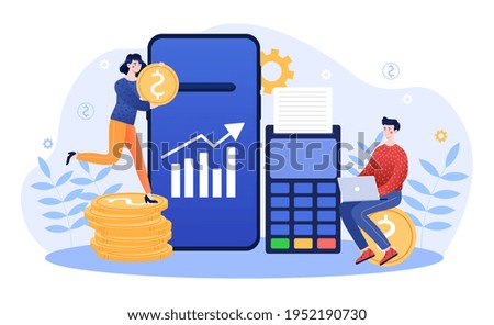 Online merchant acquirer payment system using pos terminal. Smartphone web application for online banking. Flat abstract metaphor cartoon vector illustration concept. Isolated on white background.