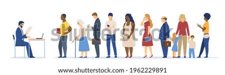 People queue. File clerk or secretary taking or accepting documents. Diverse multiracial businesspeople, parents, kids, elderly in waiting line. Flat cartoon vector illustration