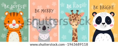 Cards with cute exotic tropical animals - tiger, coala, giraffe, panda. Cartoon characters of african asian and other tropical animals. Set of flat cartoon vector illustrations