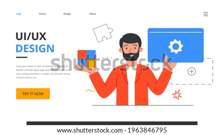 Bearded young man is working on ui ux design project. Concept for design online classes or seminar banner, ads, landing page, application. Flat cartoon vector illustration