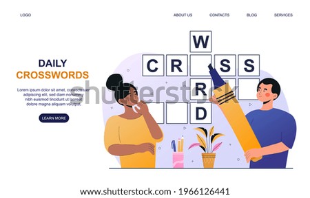 Male and female characters solving crossword together. Concept of people having fun brain training, puzzle solving. Website, web page, landing page template. Flat cartoon vector illustration