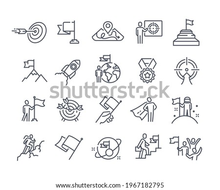 Mission, purpose, objective, aim outline icons. Business concepts. Businessman with flag, achievement and goal icons. Editable stroke. Set of flat vector illustrations isolated on white background