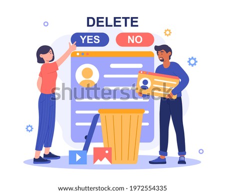 Woman decide to delete her account or profile from dating service after successful acquaintance. Relationship breakup, divorce. Flat abstract metaphor cartoon vector illustration concept design.