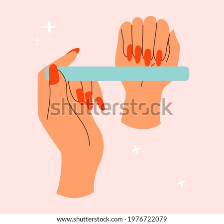Sticker of female hand filing nails polish on pink background. Concept of lady painting, polishing nails. Nail brush, nail polish, nail file. Spa treatment beauty. Flat cartoon vector illustration