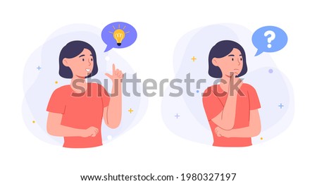 Woman thinking, problem solving, idea creative, finding solution, critical thinking, decision making. Flat cartoon vector illustration concept design online web banner isolated on white background