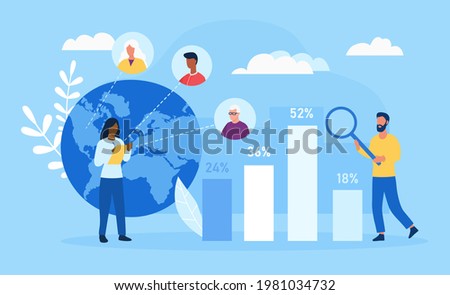 Male and female characters studying demographic aging together. Concept of demographic statistics data for young, adult and old human. Charts with aging statistics. Flat cartoon vector illustration