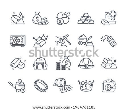 Big set of gold icons. Price change, mine, dynamite, safe deposit, stack of gold bars. Editable Stroke. Collection of outlined linear minimal style vector illustrations isolated on white background
