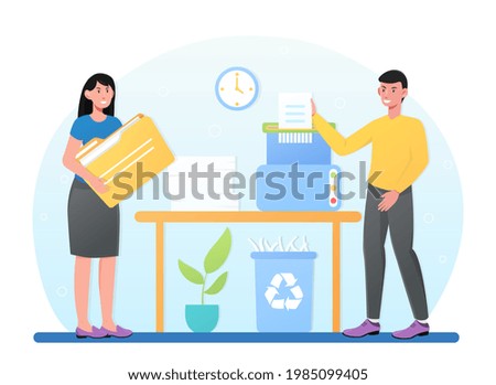 Young male and female businesspeople in office putting secret document to shredder. Concept of destroying private information to hide crime or account info. Flat cartoon vector illustration