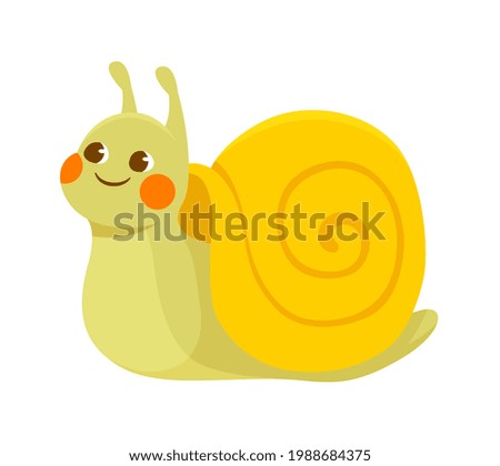 Cute yellow smiling snail on white background. Concept of stickers of cute and funny insects and garden animals for children. Flat cartoon vector illustration