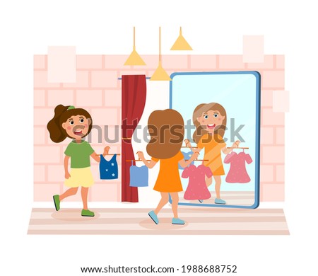 Two little girls are trying on clothes together in a store. Cute children looking in the clothes store mirror in new dress. Kids laughing in a fitting room. Flat cartoon vector illustration