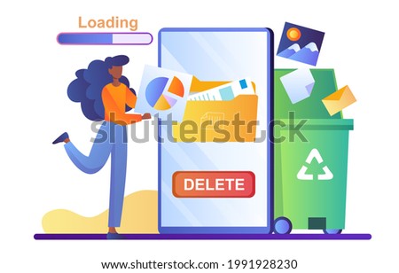 Tiny human delete unnecessary data from phone memory storage forever. Formatting hard disk driver. Flat abstract metaphor cartoon vector illustration concept design isolated on white background.