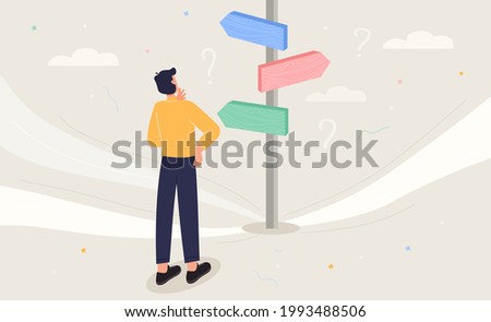 Choose the right way to success concept. Business decision, career path, work direction idea. Confusing businessman looking at multiple road sign with question marks and thinking which way to go