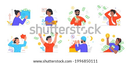 Poverty and richness concept. Diverse men and women spend, save, waste money. Rich and poor people with banknotes, coins. Set of minimal style flat cartoon vector illustrations. Abstract metaphor