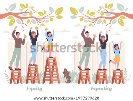 Equality and Equity Abstract Concept. Different people pick apples in the garden. Human Rights, Equal Opportunities, Respective Needs Banner. Modern Flar Cartoon Vector Illustration Design