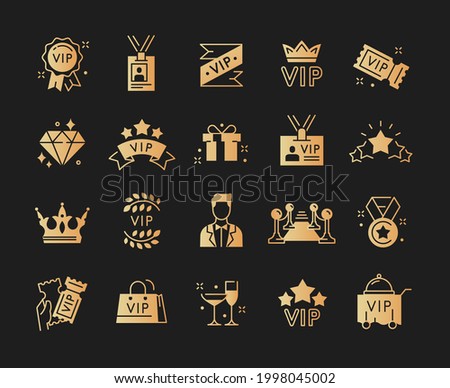 Big collection of VIP icons. Champagne, red carpet, VIP cinema tickets, VIP line and others. Set of minimal style flat golden colored vector illustrations isolated on black background