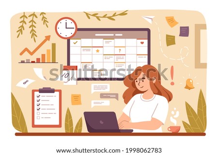 Woman planning day, scheduling tasks on laptop in calendar application or website. Business woman adding, checking, events, meetings reminders in planning app. Flat cartoon vector illustration