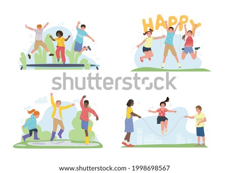 Happy children jumping, playing, waving, raising hands. Different pre teen or teenage energetic kids in motion. Active classmates or schoolchildren having fun. Set of flat cartoon vector illustrations